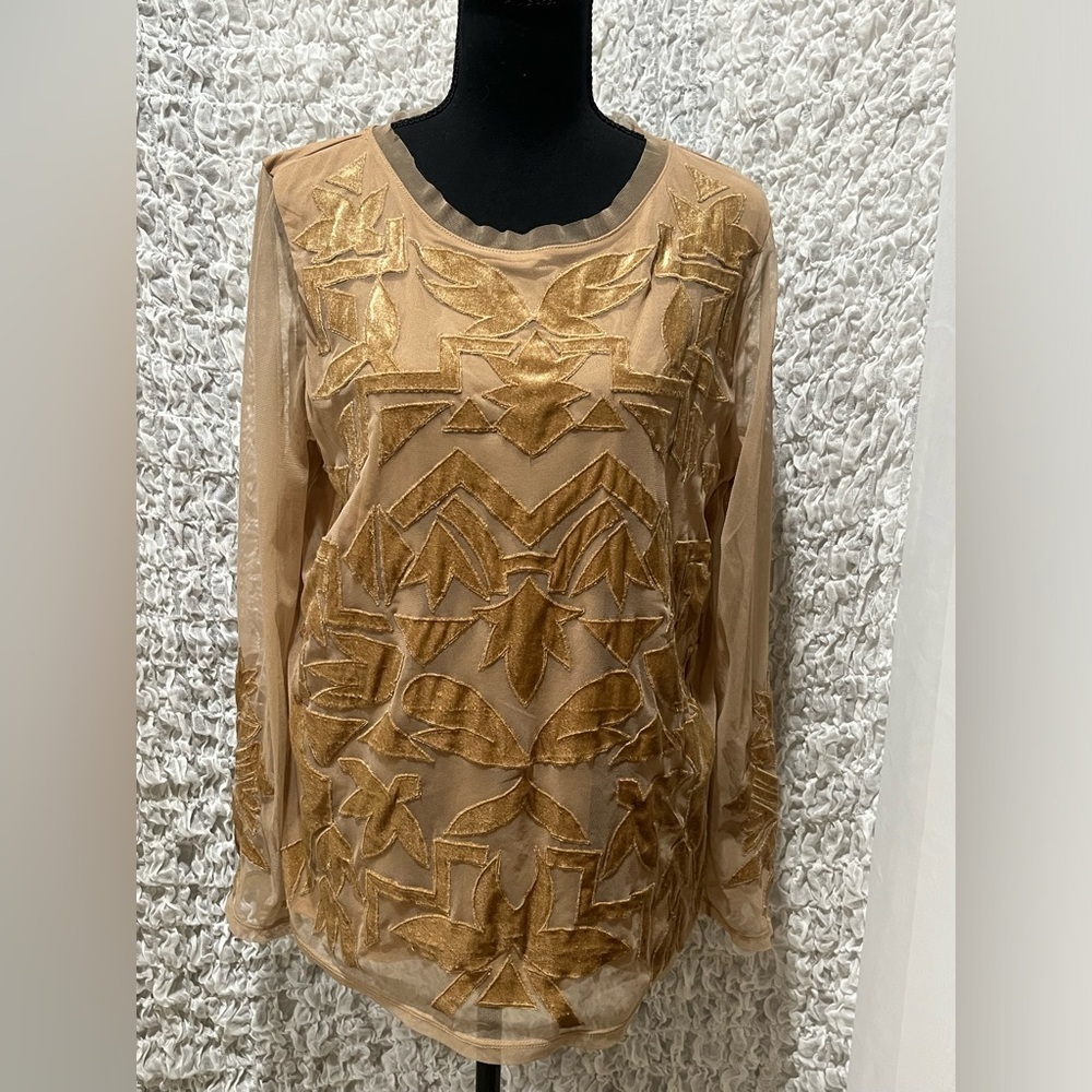 Chico's Taupe Pieced Velvet Top, Long Mesh Sleeves, Women Size L